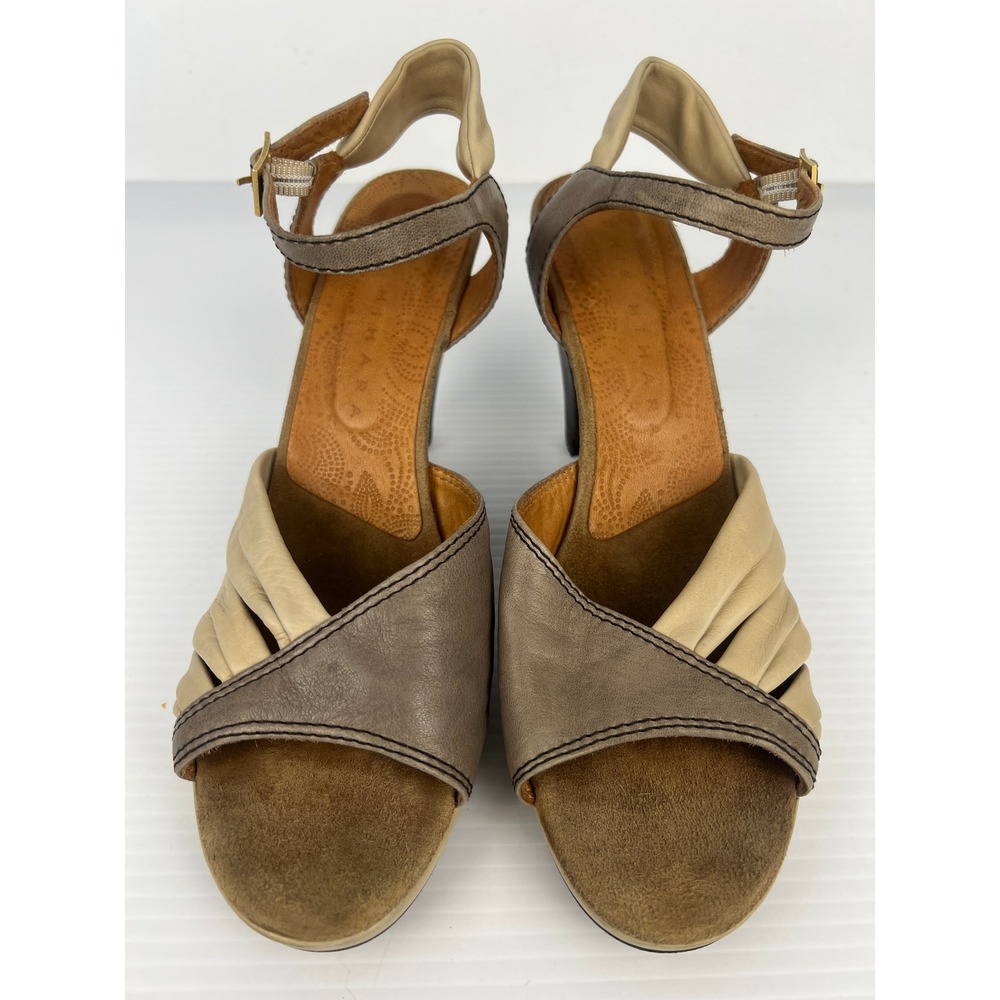 Chie Mihara Two Tone Leather Pleated Heeled Platform Sandals Taupe Spain 40.5 - Picture 4 of 12